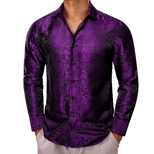 Barry.Wang Herren Hemden Paisley Woven Blume Seide Kleid Hemden Französisch Manschette Mode Freizeit Faltenfrei, dunkelviolett, L von Barry.Wang