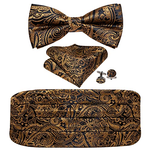 Barry.Wang Kummerbund Fliege Set für Herren, Seide Kummerbund vorgebundene Fliege Einstecktuch Manschettenknöpfe, Schwarz / Gold Paisley, Einheitsgröße von Barry.Wang