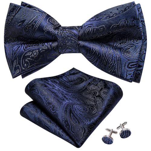 Barry.Wang Herren Fliegen Einfarbig Paisley vorgebunden Satin Fliege Set Taschentuch Manschettenknopf Hochzeit Business, Dunkelblaue schwarze Blumen, Einheitsgröße von Barry.Wang