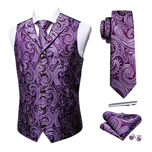 Barry.Wang Paisley Herren Taillierter Kragen Anzug Weste formell/Freizeit Seide Jacquard Weste Krawattenklammer Set Hochzeit Party, Lila, Weiß, X-Large von Barry.Wang