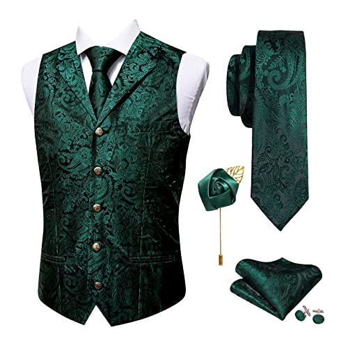 Barry.Wang Paisley Herren Taillierter Kragenanzug Weste Formal/Freizeit Seide Jacquard Weste Krawattenklammer Set Hochzeit Party, Dark Green, XX-Large von Barry.Wang