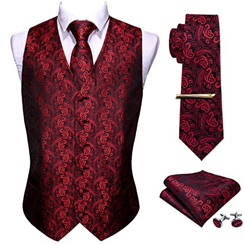 Barry.Wang formelle Herren Weste Set Paisley Krawatte Einstecktuch Manschettenknöpfe Clip Anzug Weste Designer 5-teilig Gr. 56, schwarz / rot von Barry.Wang