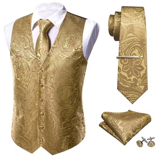 Barry.Wang formelle Herren Weste Set Paisley Krawatte Einstecktuch Manschettenknöpfe Clip Anzug Weste Designer 5-teilig Gr. M, gold von Barry.Wang