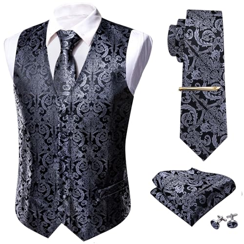 Barry.Wang formelle Herren Weste Set Paisley Krawatte Einstecktuch Manschettenknöpfe Clip Anzug Weste Designer 5-teilig Gr. M, schwarz grau von Barry.Wang