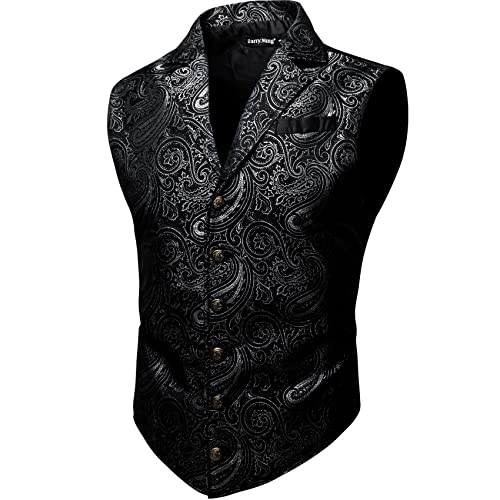 Herren Paisley Viktorianische Anzugweste, formell/Freizeit, taillierter Kragen, Silm Fit Steampunk Gothic Smoking Weste, schwarz/silberfarben, Large von Barry.Wang