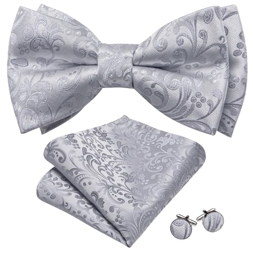 Barry.Wang Herren Fliegen Einfarbig Paisley vorgebunden Satin Fliege Set Taschentuch Manschettenknopf Hochzeit Business, Helles Silbergrau, Einheitsgröße von Barry.Wang