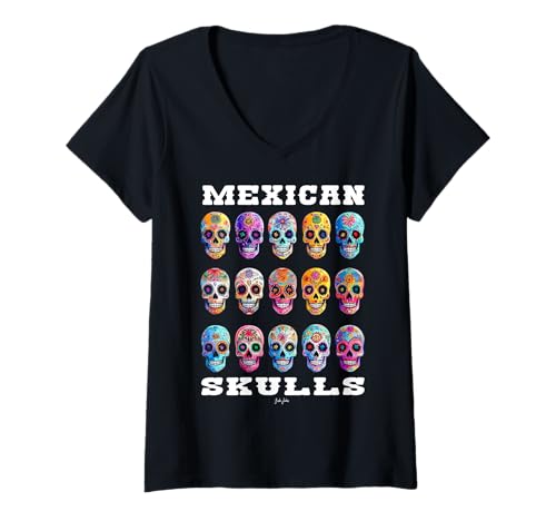 Damen Mexican Skulls Sugar Skull Mexico Schädel Totenkopf T-Shirt mit V-Ausschnitt Damen Mexican Skulls Sugar Skull Mexico Schädel Totenkopf T-Shirt mit V-Ausschnitt von Bart Junkies