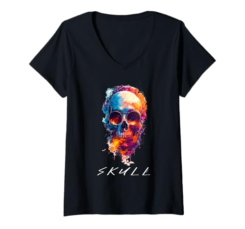 Damen Skull Totenkopf Schädel T-Shirt mit V-Ausschnitt von Bart Junkies