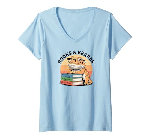 Damen Bärtiger Drache Bartagame Reptilien Bücher Buch Lesebuch T-Shirt mit V-Ausschnitt Damen Bärtiger Drache Bartagame Reptilien Bücher Buch Lesebuch T-Shirt mit V-Ausschnitt von Bartagame Design