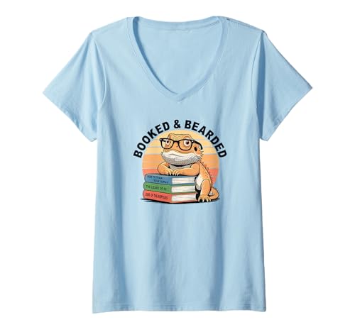 Damen Bärtiger Drache Bartagame Reptilien Bücher Buch Lesebuch T-Shirt mit V-Ausschnitt Damen Bärtiger Drache Bartagame Reptilien Bücher Buch Lesebuch T-Shirt mit V-Ausschnitt von Bartagame Design