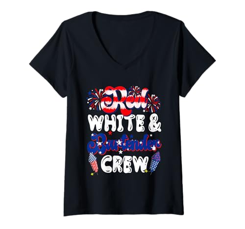 Damen Red White And Bartender Crew 4th Of July Patriotic Job Team T-Shirt mit V-Ausschnitt Damen Red White And Bartender Crew 4th Of July Patriotic Job Team T-Shirt mit V-Ausschnitt von Bartender 4th Of July Costume