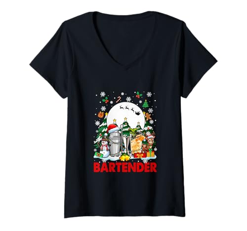 Damen Barkeeper Job Tools Weihnachtsmann Schneemänner Rentier Weihnachtsbäume T-Shirt mit V-Ausschnitt von Bartender Christmas Costume