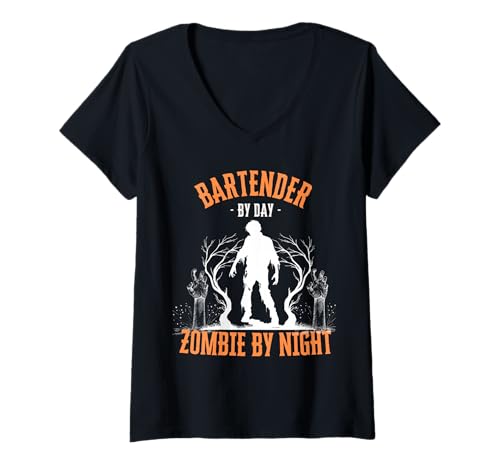 Damen Barkeeper by Day Zombie bei Nacht Lustig Halloween Gruselig T-Shirt mit V-Ausschnitt von Bartender Halloween Career Costumes