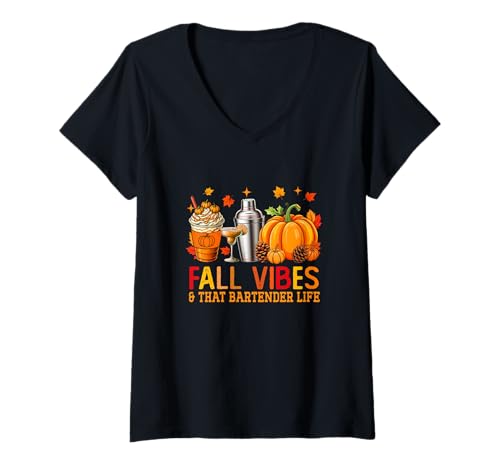 Damen Fall Funny Vibes Costume Bartender Job Team Thanksgiving T-Shirt mit V-Ausschnitt Damen Fall Funny Vibes Costume Bartender Job Team Thanksgiving T-Shirt mit V-Ausschnitt von Bartender Thanksgiving Costume