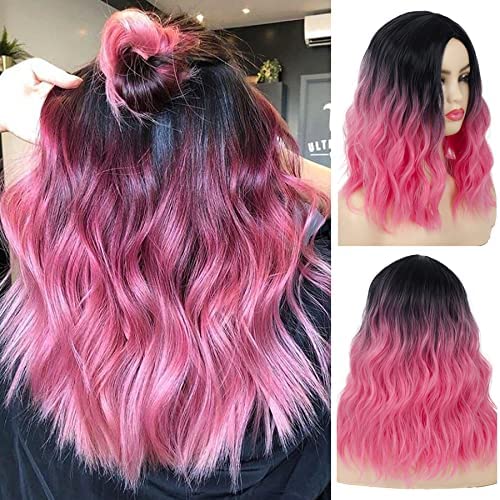 Baruisi Damen Schwarz Rosa Perücke Mittel Lockig Wellig Synthetik Mittelteil Halloween Party Cosplay Haar Perücke mit Perückenkappe von Baruisi