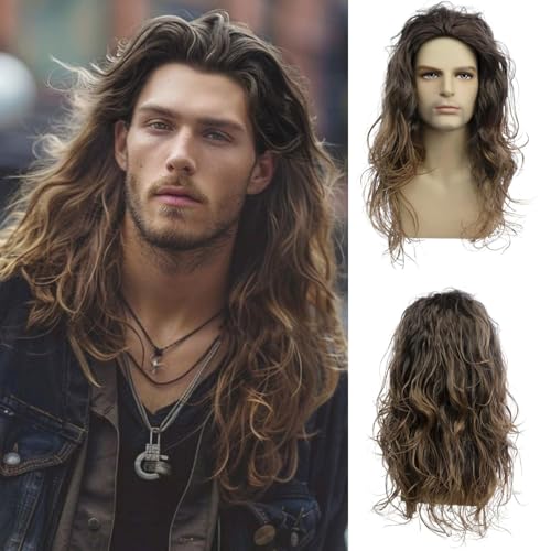 Baruisi Lange lockige, gewellte braune Perücke für Herren, synthetische natürliche Party, Halloween, Cosplay-Perücke von Baruisi