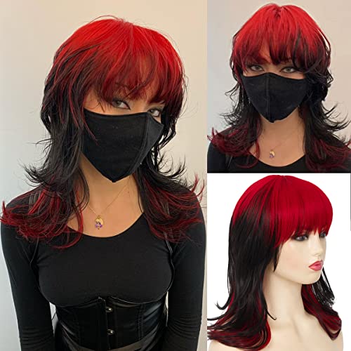 Baruisi Rot Schwarz Perücken für Frauen Schulterlänge Layered Shaggy Perücke mit Pony Synthetische Halloween Cosplay Perücke von Baruisi