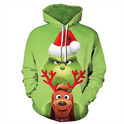 Halloween Weihnachten Grün Pelz Monster Grinch 3D Pullover Digitaldruck Hoodie, e, XL von Baruler