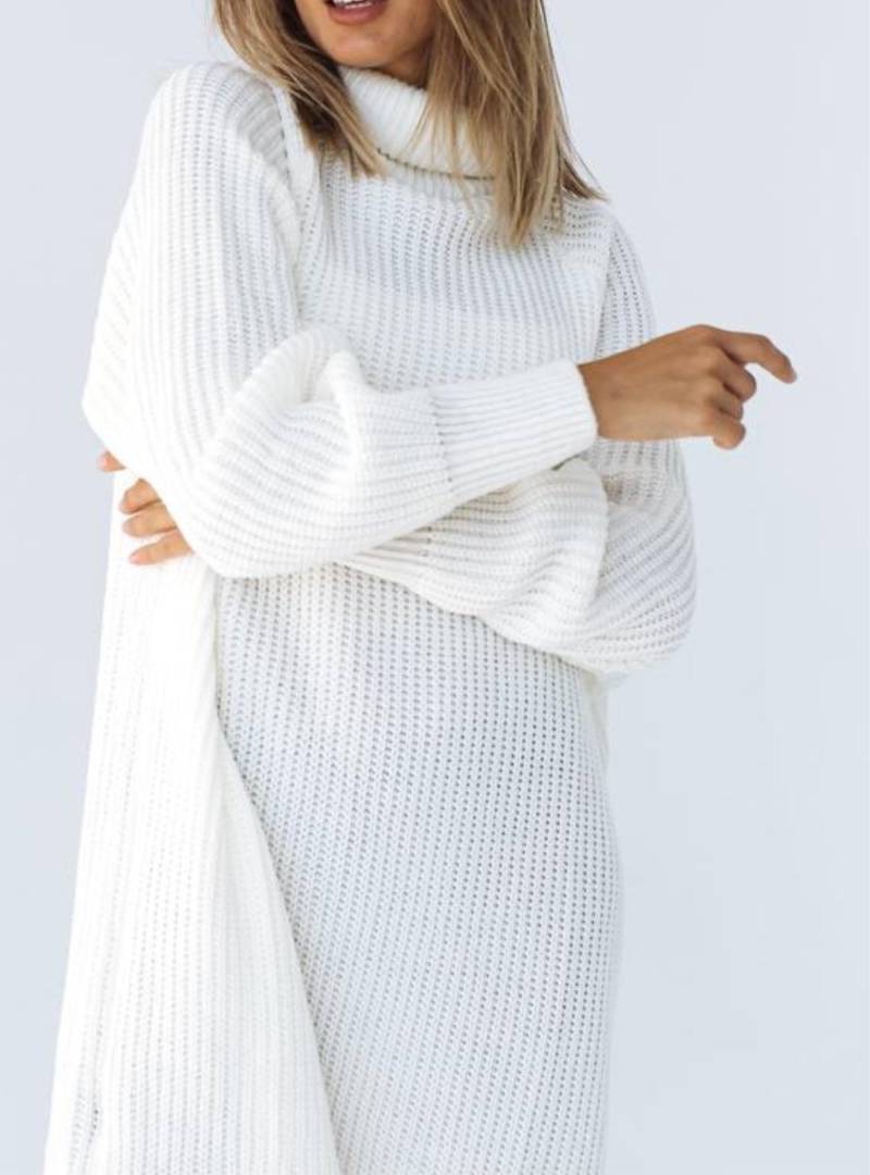 Weißer Strick Pullover Kleid Midi Länge Mit Rollkragen, Stricken Oversized Für Frauen, Baumwolle Langen Ärmeln Oversize von BarvinokKnitwear