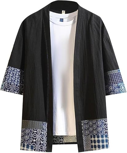 Bascabeen Japan Ninja Haori Jacke Leicht Happi Kimono Herren Chinesische Traditionelle Kleidung Sommer Cardigan 3/4 Ärmel Kimono Jacke Baumwolle Leinen Hemdjacke Übergangsjacke, Schwarz , XXXXL von Bascabeen