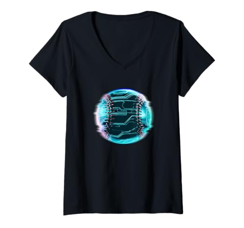Damen Baseball Glitch Tech Sport Circuit Kugel T-Shirt mit V-Ausschnitt von BaseGlitch