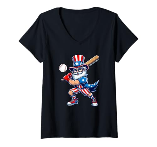 Damen Man Playing Baseball 4th Of July Player Team Patriotic T-Shirt mit V-Ausschnitt von Baseball 4th Of July Costume