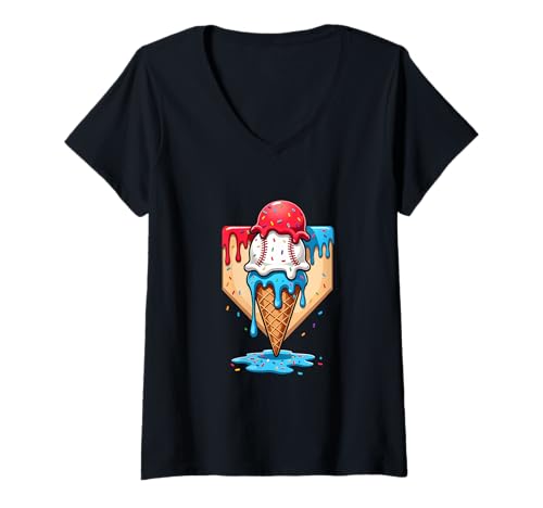 Damen Baseball-Eistüte lustige Sommer-Sportkunst T-Shirt mit V-Ausschnitt Damen Baseball-Eistüte lustige Sommer-Sportkunst T-Shirt mit V-Ausschnitt von Baseball All-Star Scoops