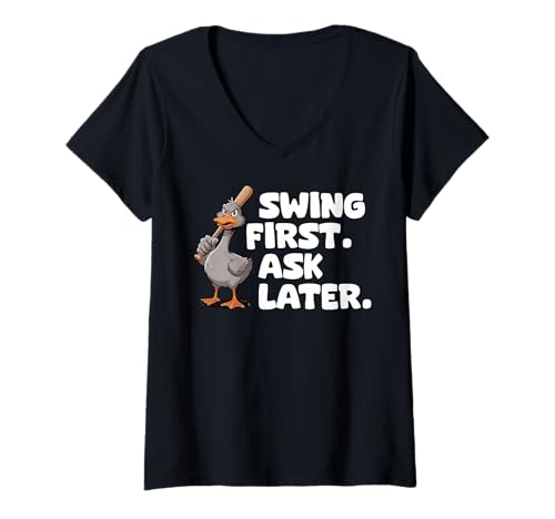 Damen Funny Mad Duck Goose Baseballschläger Angry Duck T-Shirt mit V-Ausschnitt Damen Funny Mad Duck Goose Baseballschläger Angry Duck T-Shirt mit V-Ausschnitt von Baseball Bat Angry Duck By VM