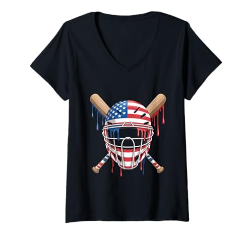 Damen Helmfänger Baseball mit Fledermäusen Tropfendes EIS US-Flagge T-Shirt mit V-Ausschnitt von Baseball Catcher Batter USA Sports Dripping Effect