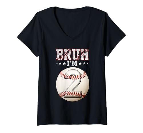Damen Bruh I'm 2 Dabbing Baseball 2. Geburtstag Party Kinder T-Shirt mit V-Ausschnitt von Baseball Celebration Birthday Party Gifts Co