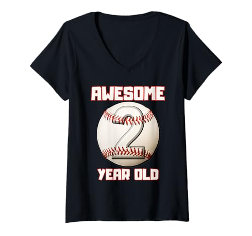 Damen Bruh I'm 2 Dabbing Baseball 2. Geburtstag Party Kinder T-Shirt mit V-Ausschnitt von Baseball Celebration Birthday Party Gifts Co