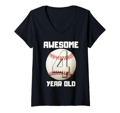 Damen Bruh I'm 4 Dabbing Baseball 4. Geburtstag Party Kinder T-Shirt mit V-Ausschnitt von Baseball Celebration Birthday Party Gifts Co