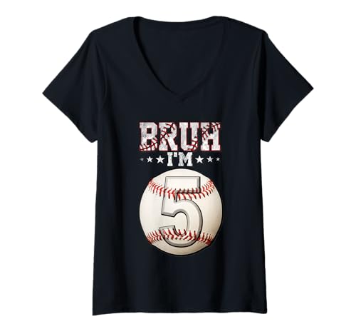 Damen Bruh I'm 5 Dabbing Baseball 5. Geburtstag Party Kinder T-Shirt mit V-Ausschnitt von Baseball Celebration Birthday Party Gifts Co