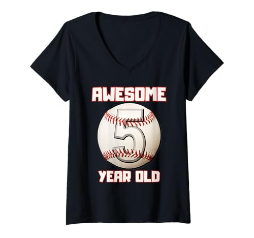 Damen Bruh I'm 5 Dabbing Baseball 5. Geburtstag Party Kinder T-Shirt mit V-Ausschnitt von Baseball Celebration Birthday Party Gifts Co