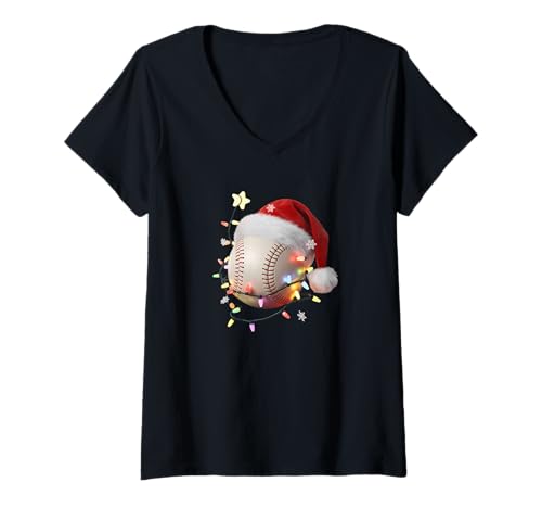 Damen Weihnachts-Baseballspieler Lichter Weihnachtsmannmütze Urlaub T-Shirt mit V-Ausschnitt Damen Weihnachts-Baseballspieler Lichter Weihnachtsmannmütze Urlaub T-Shirt mit V-Ausschnitt von Baseball Christmas Lights Santa Sports Fan Apparel