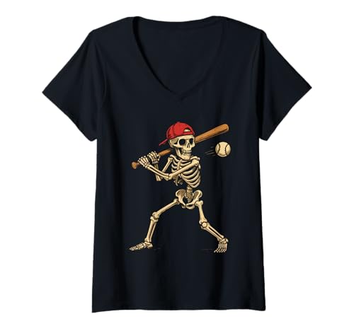 Damen Baseballspieler Skelett Lustiger Baller T-Shirt mit V-Ausschnitt Damen Baseballspieler Skelett Lustiger Baller T-Shirt mit V-Ausschnitt von Baseball Co