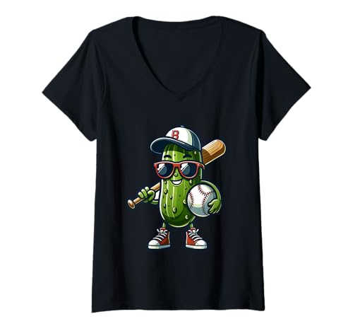 Damen Baseball Cucumber Mit Schläger Und Ball T-Shirt mit V-Ausschnitt Damen Baseball Cucumber Mit Schläger Und Ball T-Shirt mit V-Ausschnitt von Baseball Cucumber Sport Spaß Gemüse