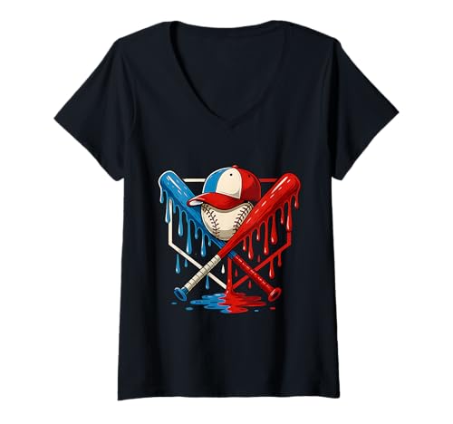 Damen American Baseball Drip Graffiti Ball und Schläger T-Shirt mit V-Ausschnitt Damen American Baseball Drip Graffiti Ball und Schläger T-Shirt mit V-Ausschnitt von Baseball Drip Graphics