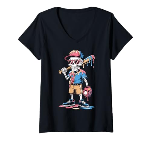 Damen Funny Baseball Skeleton Ice Cream Drip Baseball T-Shirt mit V-Ausschnitt von Baseball Drip Ice Cream Graphics Tee