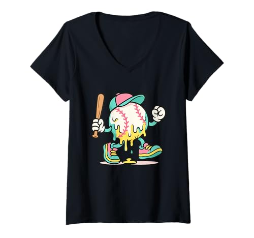 Damen Ice Cream Drip Baseball Spots Baseball Lover Men Women T-Shirt mit V-Ausschnitt von Baseball Drip Ice Cream Graphics