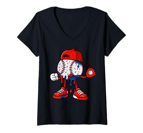Damen Baseball Lifestyle 101 Bekleidung Jugend Baseball Drip Icecream T-Shirt mit V-Ausschnitt von Baseball Drip Lifestyle