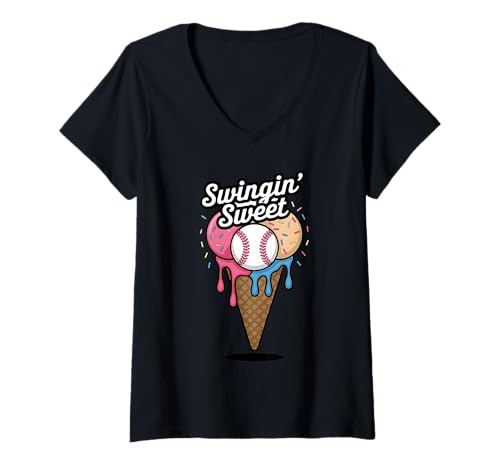 Damen Swingin' Sweet Baseball Kegel Spaß T-Shirt mit V-Ausschnitt von Baseball Eiscreme Lustig Sportliebhaber