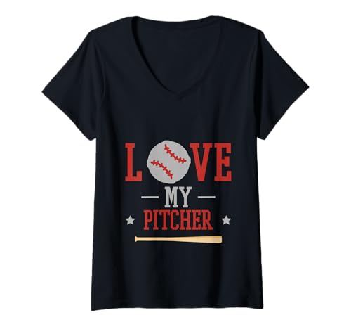 Damen Love My Pitcher Baseball-Cheer-Eltern T-Shirt mit V-Ausschnitt Damen Love My Pitcher Baseball-Cheer-Eltern T-Shirt mit V-Ausschnitt von Baseball-Eltern-Cheerleader