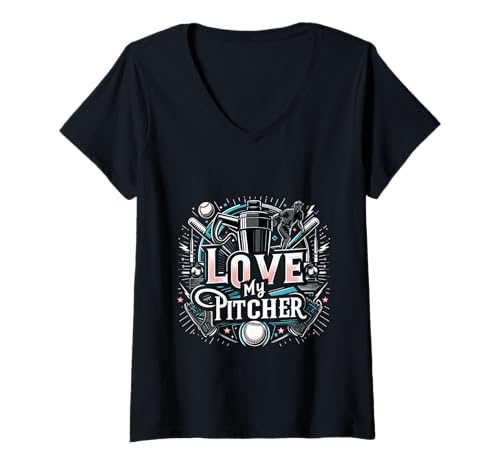 Damen Love My Pitcher Baseball Jubel Parent ||--- T-Shirt mit V-Ausschnitt Damen Love My Pitcher Baseball Jubel Parent ||--- T-Shirt mit V-Ausschnitt von Baseball-Eltern-Cheerleader