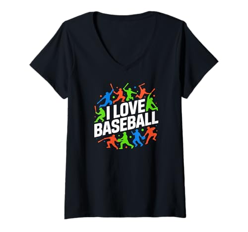 Damen Ich Liebe Baseball Silhouette Cheers T-Shirt mit V-Ausschnitt Damen Ich Liebe Baseball Silhouette Cheers T-Shirt mit V-Ausschnitt von Baseball Enthusiast Passion Colors