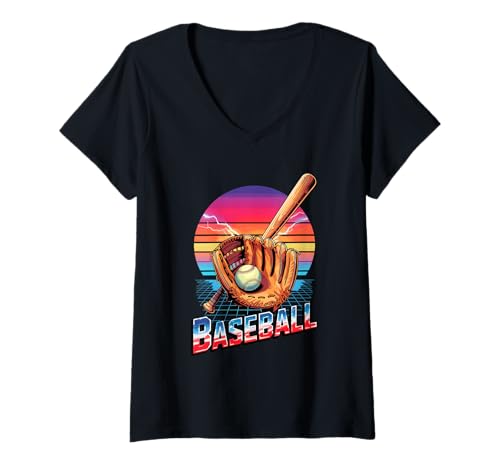 Damen 90s Vintage Baseball Bat Baseballer Pitcher Catcher T-Shirt mit V-Ausschnitt Damen 90s Vintage Baseball Bat Baseballer Pitcher Catcher T-Shirt mit V-Ausschnitt von Baseball Gift For A Baseballer