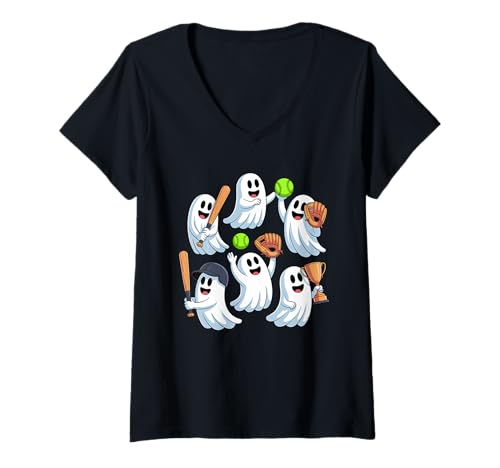 Damen Halloween Geist Baseball Werfer Fänger T-Shirt mit V-Ausschnitt von Baseball Gift For A Baseballer