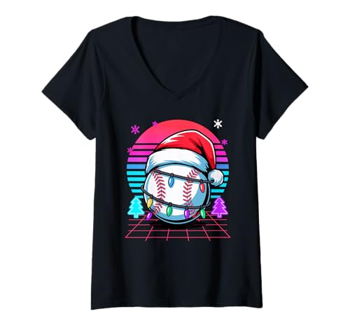 Damen Weihnachten Synthwave Baseball Weihnachtsmannmütze T-Shirt mit V-Ausschnitt von Baseball Gift For A Baseballer