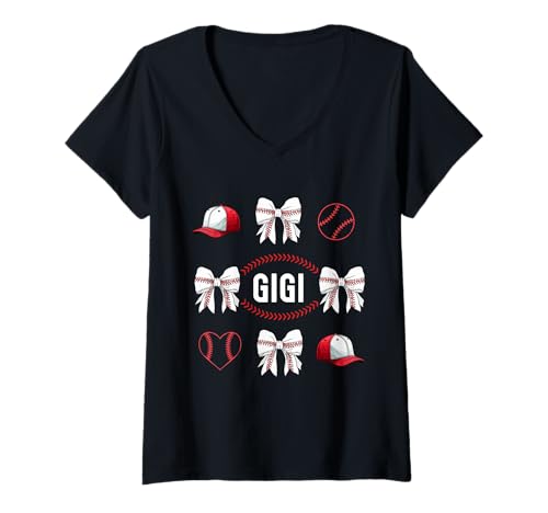 Damen Baseball Coquette Bow Game Day Frauen Sport Baseball Gigi T-Shirt mit V-Ausschnitt von Baseball Gigi Coquette Bow Mom Gifts
