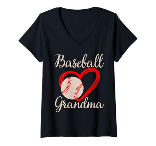 Damen Baseball Oma Frauen Familie passendes Herz Muttertag T-Shirt mit V-Ausschnitt von Baseball Grandma Women Heart Mothers Day Design